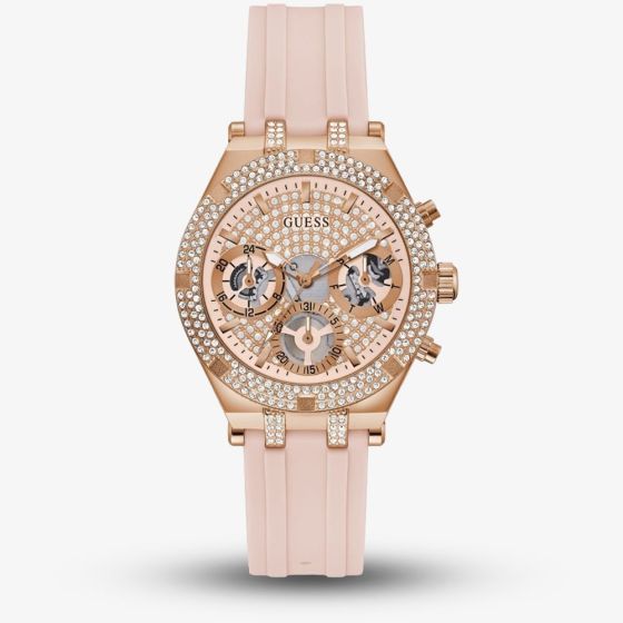 Guess Ladies Heiress Rose Gold Pink Rubber Strap Watch GW0407L3