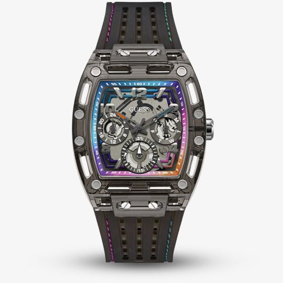 Guess Mens Phoenix Skeleton Dial Black Rubber Strap Watch GW0499G14