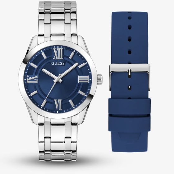 Guess Mens Elliot Silver Blue Dial Watch Gift Set GW1008G1