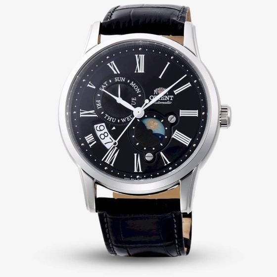 Orient Mens Sun & Moon Black Dial Leather Strap Watch RA-AK0010B
