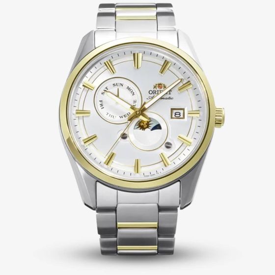 Orient Mens Stretto Sun & Moon White Dial Two Tone Bracelet Watch RA-AK0312S