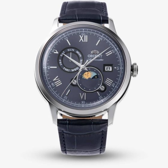 Orient Mens Bambino Sun & Moon Blue Dial Leather Strap Watch RA-AK0806L