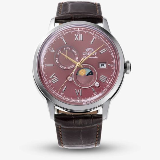Orient Mens Bambino Sun & Moon Red Dial Leather Strap Watch RA-AK0807R