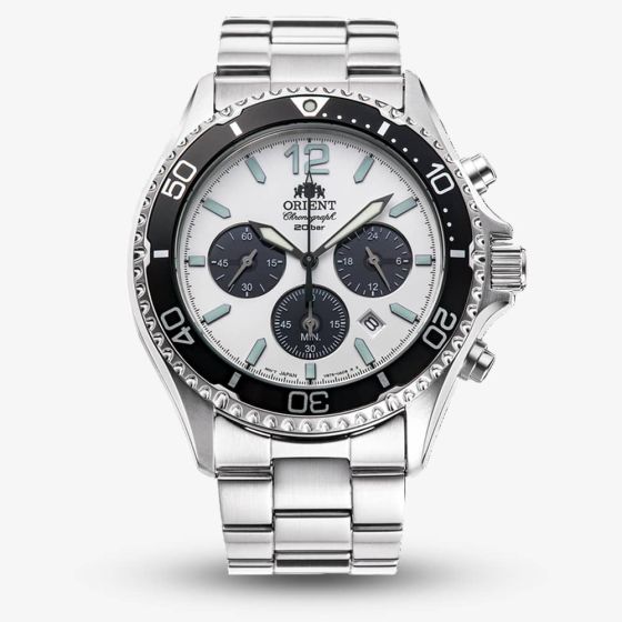 Orient Mens Mako Chronograph Solar White Dial Bracelet Watch RA-TX0203S