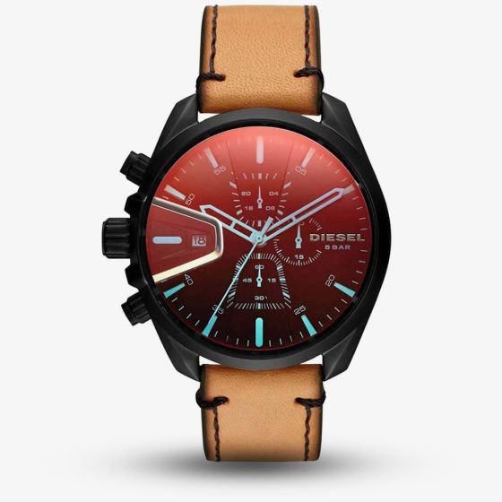 Diesel Mens MS9 Chronograph Iridescent Dial Brown Leather Strap Watch DZ4471
