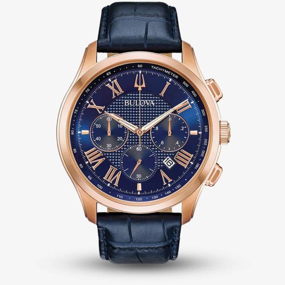 Bulova Mens Wilton Rose Gold Plated Blue Chronograph Dial Leather Strap Watch 97B170