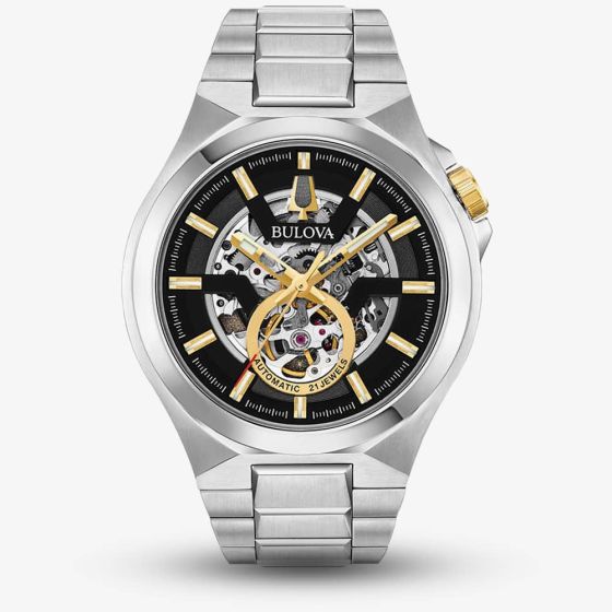 Bulova Mens Classic Stainless Steel Automatic Black Skeleton Dial Bracelet Watch 98A224