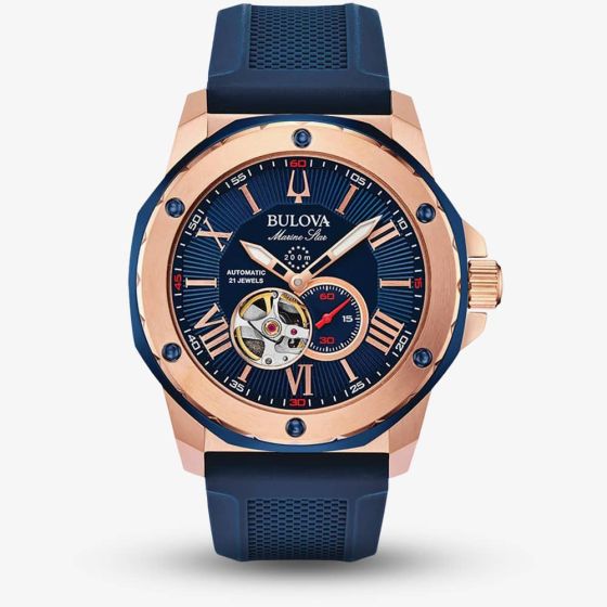 Bulova Mens Marine Star Rose Gold Plated Automatic Blue Dial Rubber Strap Watch 98A227