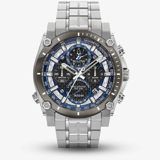Bulova Mens Precisionist Stainless Steel Black and Blue Chronograph Dial Bracelet Watch 98B316