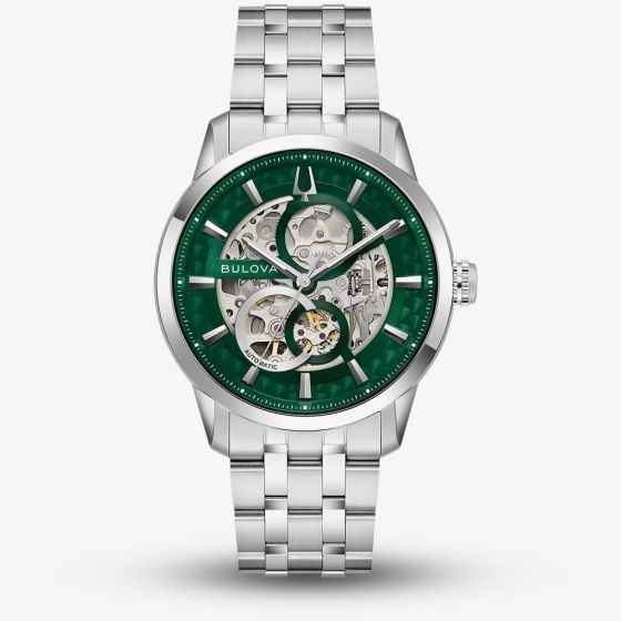 Bulova Mens Sutton Automatic Green Skeleton Dial Watch 96A329