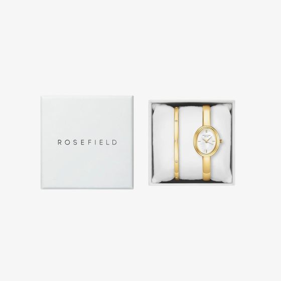 ROSEFIELD Ladies Studio Bangle White Mother of Pearl Golden Bangle Bracelet Watch & Crystal Bangle Gift Set BWGCG-X293