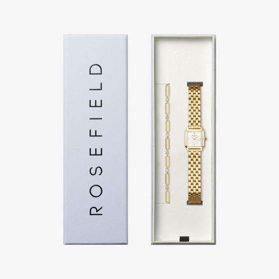 ROSEFIELD Ladies Boxelle White Dial Golden Bracelet Watch & Round Crystals Bracelet Gift Set BWGRC-X283