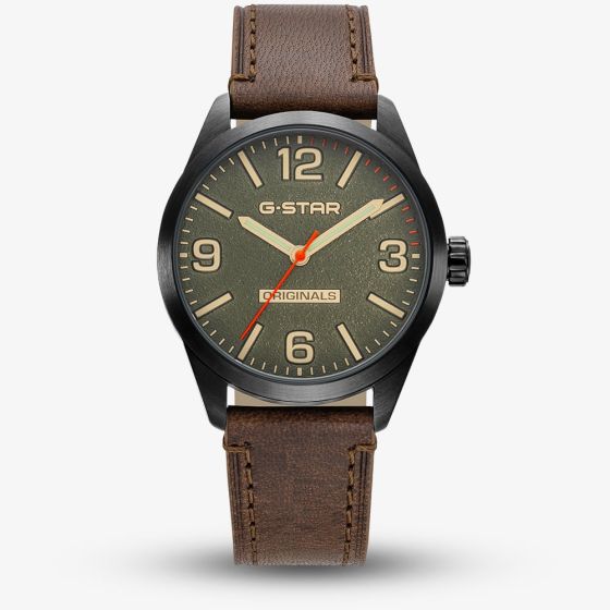 G-STAR Mens Originals Green Dial Brown Leather Strap Watch GSW.503.05