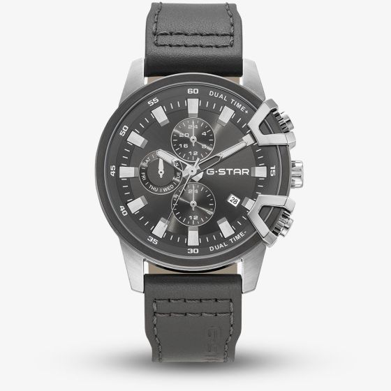 G-STAR Mens Bend3D Black Dial Grey Leather Strap Watch GSW.505.01