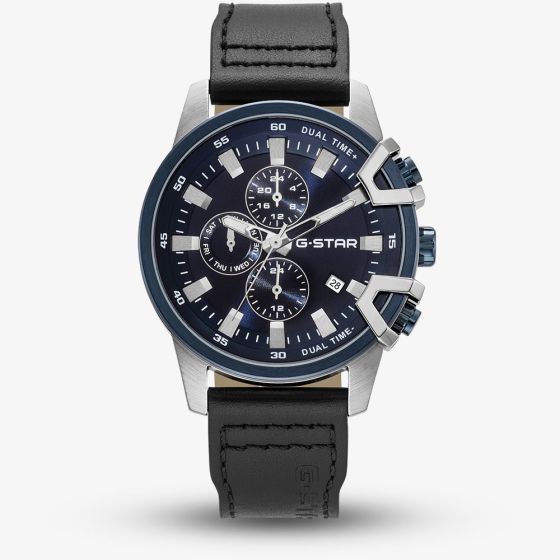 G-STAR Mens Bend3D Blue Dial Black Leather Strap Watch GSW.505.02
