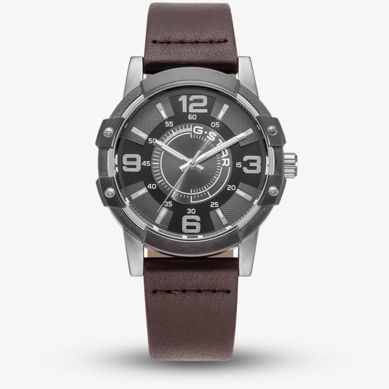 G-STAR Mens Constructed Black Dial Brown Leather Strap Watch GSW.506.01