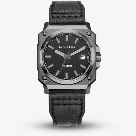 G-STAR Mens Cube Black Leather Strap Watch GSW.508.02