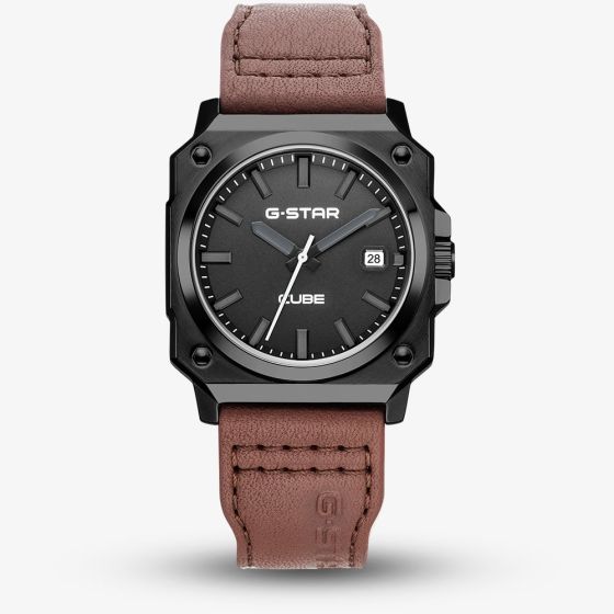 G-STAR Mens Cube Black Dial Brown Leather Strap Watch GSW.508.04