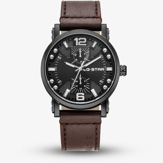 G-STAR Mens Rovic Black Dial Brown Leather Strap Watch GSW.509.03