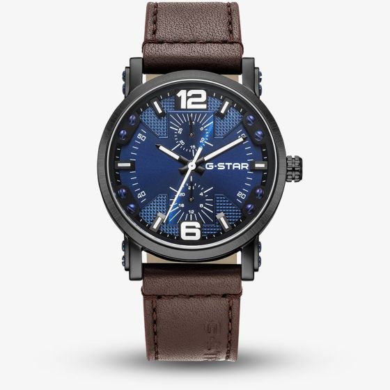 G-STAR Mens Rovic Blue Dial Brown Leather Strap Watch GSW.509.04