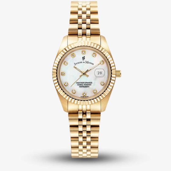 Jacques du Manoir Ladies Inspiration Elegance White Mother Of Pearl Dial Gold Tone Stainless Steel Bracelet Watch JWL01203