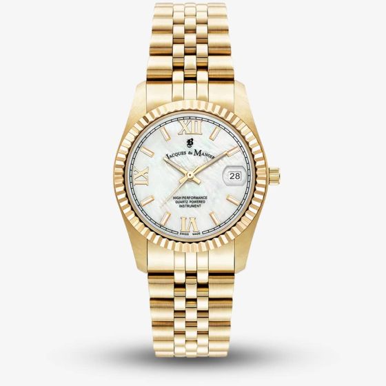 Jacques du Manoir Ladies Inspiration Roman White Mother Of Pearl Dial Gold Tone Stainless Steel Bracelet Watch JWL01302