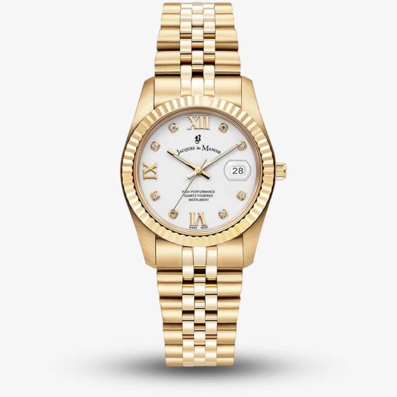 Jacques du Manoir Ladies Inspiration Roman II White Dial Gold Tone Stainless Steel Bracelet Watch JWL01306