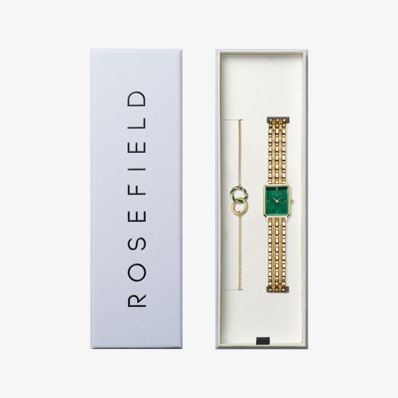 ROSEFIELD Ladies Octagon XS Green Mother of Pearl Dial Golden Bracelet Watch & Emerald Duo Bracelet Gift Set OEGED-X288