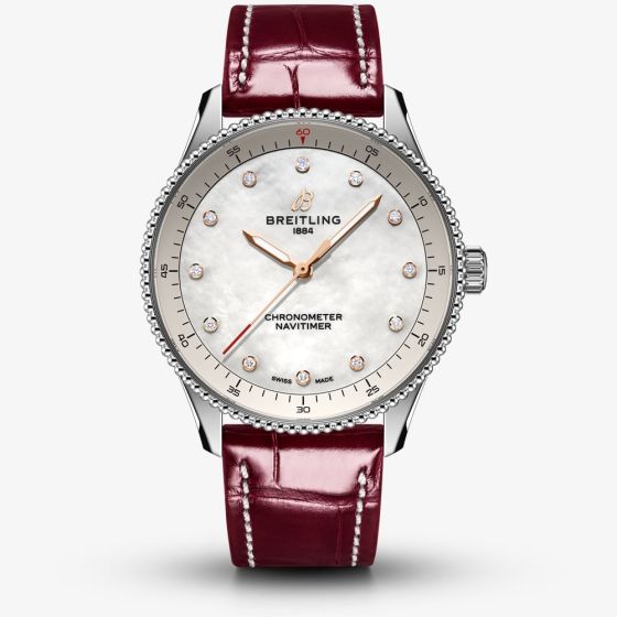 Breitling Ladies Navitimer 32 Mother Of Pearl Diamond Dial Burgandy Watch A77320E61A2P2