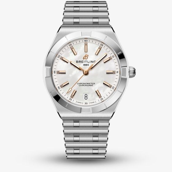 Breitling Ladies Chronomat Automatic 36 White Mother Of Pearl Dial Stainless Steel Bracelet Watch A10320101A1A1