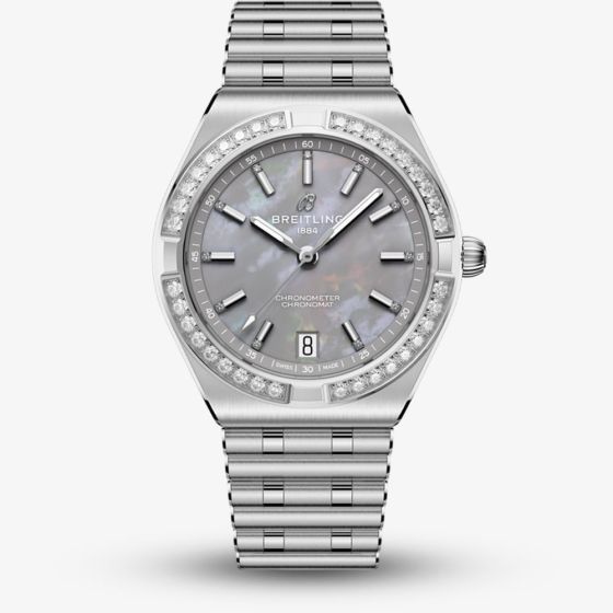 Breitling Ladies Chronomat Automatic 36 Grey Mother Of Pearl Dial Stainless Steel Bracelet Watch A10320591G1A1