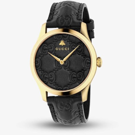 Gucci Ladies G-Timeless Medium Gold Plated Black Leather Strap Watch YA1264034A