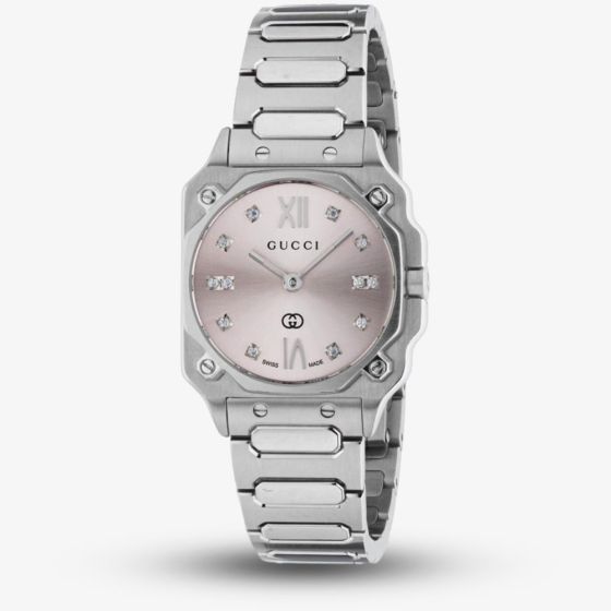 Gucci Ladies G-Flat Diamond Pink Dial Watch YA166501
