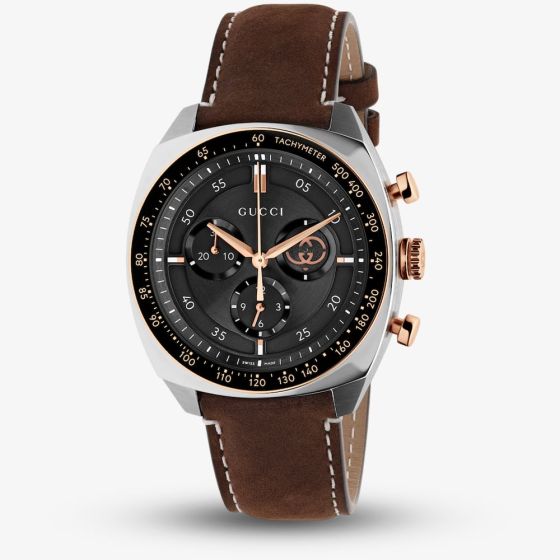 Gucci Mens Interlocking Brown Leather Strap Watch YA142514