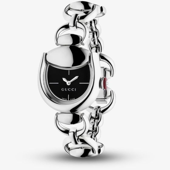 Gucci Ladies Horsebit Black Dial Chain Bracelet Watch YA168501