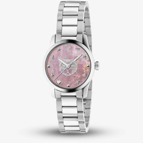 Gucci Ladies G-Timeless Pink Mother of Pearl Cat Motif Bracelet Watch YA1265013