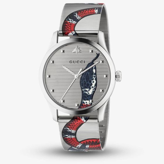 Gucci Mens G-Timeless Stainless Steel Blue and Red Snake Dial Mesh Strap Watch YA1264123