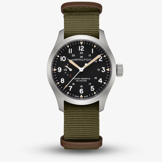 Hamilton Mens Khaki Field Mechanical Power Reserve Green Fabric Strap Watch H69509960