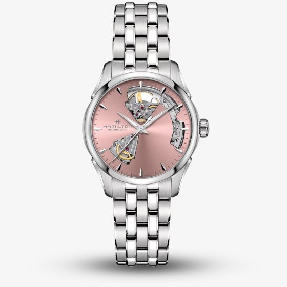 Hamilton Ladies Jazzmaster Open Heart Auto Pink Skeleton Bracelet Watch H32215170
