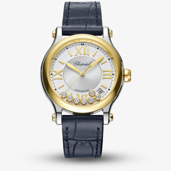 Chopard Happy Sport 18ct Yellow Gold Diamond Black Leather Strap Watch 278559-4001