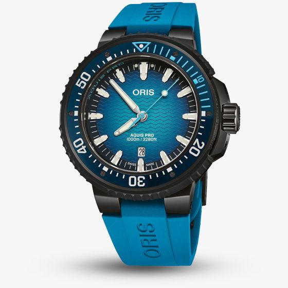 Oris Mens Aquis Pro 1000m Titanium Blue Rubber Strap Watch 01 733 7801 7255-Set