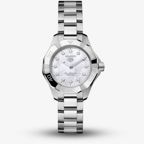 TAG Heuer Ladies Aquaracer Professional 100 Solargraph White Mother Of Pearl Dial Stainless Steel Bracelet Watch WBP141H.BA0049