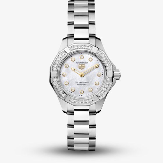 TAG Heuer Ladies Aquaracer Professional 100 Solargraph White Mother Of Pearl Dial Diamond Set Bezel Watch WBP141J.BA0049