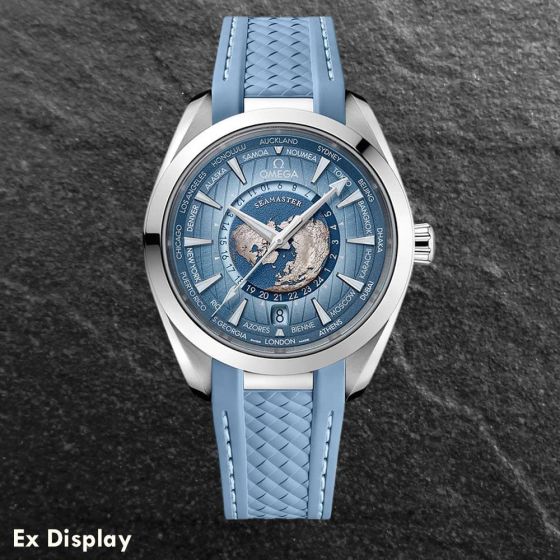 Ex Display OMEGA Mens Seamaster Aqua Terra GMT Worldtimer Blue Rubber Strap Watch 220.12.43.22.03.002