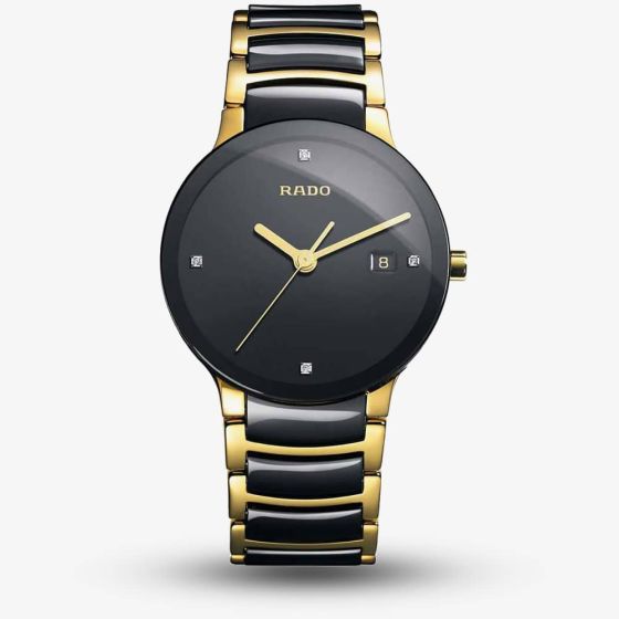 Rado Mens Centrix Diamonds Quartz Black and Gold Ceramic Bracelet Watch R30929712 L