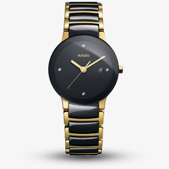 Rado Ladies Centrix Diamonds Quartz Black and Gold Ceramic Bracelet Watch R30930712 S