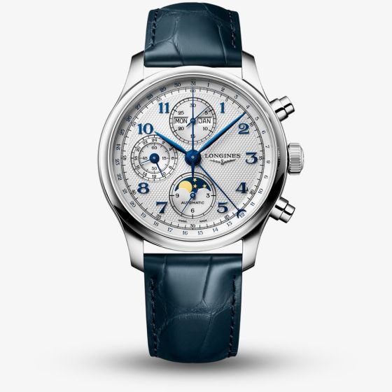 Longines Mens Master Collection Chronograph Moonpase Leather Strap Watch L2.962.4.73.2