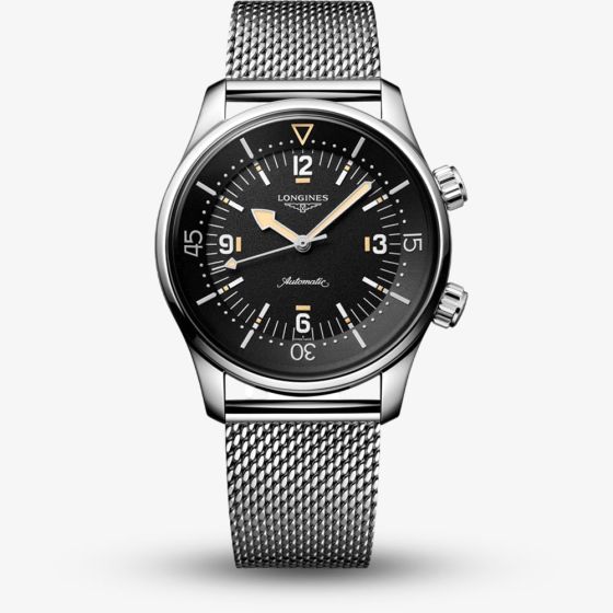 Longines Mens Legend Diver Black Dial Stainless Steel Mesh Bracelet Watch L3.795.4.59.9