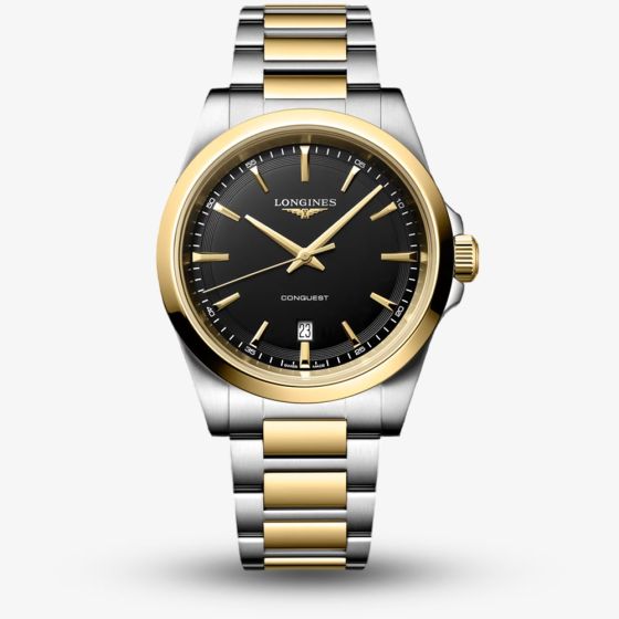 Longines Mens Conquest Black Dial Two-Tone Stainless Steel Bracelet Watch L3.860.3.52.7