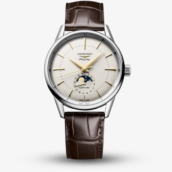 Longines Mens Flagship Heritage Moonphase Ivory Dial Leather Strap Watch L4.815.4.78.2
